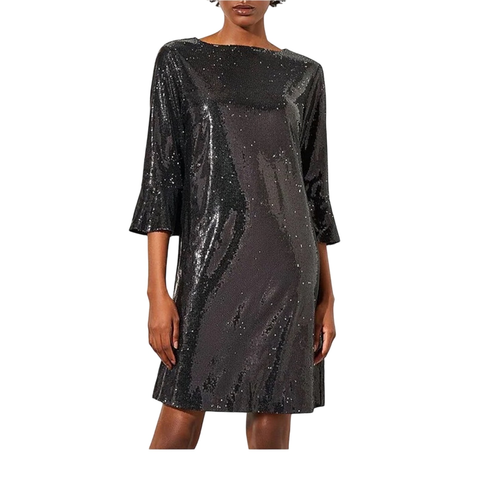 Ming Wang Novelty Sequin Boat Neck Ruffled Bell Cuff Shift Black Dress Size S